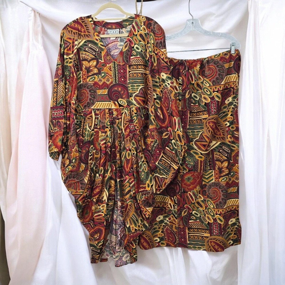 VTG F.A.D African Print Caftan‎ Skirt Suit Bohemian Style Plus Size Art to Wear